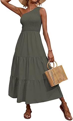 BTFBM 2026 Summer One Shoulder Dresses for Women Casual Spring Sleeveless Floral Flowy Smocked Boho Beach Maxi Dress