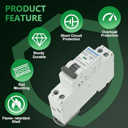 Wengart 1P+N Leitungsschutzschalter 32A B-Charakteristik, WGM2-40N Mini-Sicherungsautomat AC 230V 6kA, Platzsparender 1TE Elektro-Sicherheitsschalter für Backofen & Hausinstallation