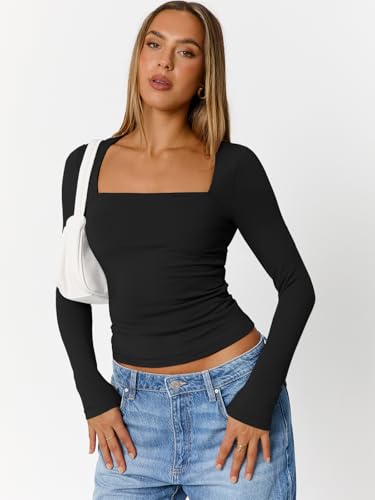 Trendy Queen Womens Long Sleeve Shirts Going Out Tops Square Neck Crop Workout Tops2
