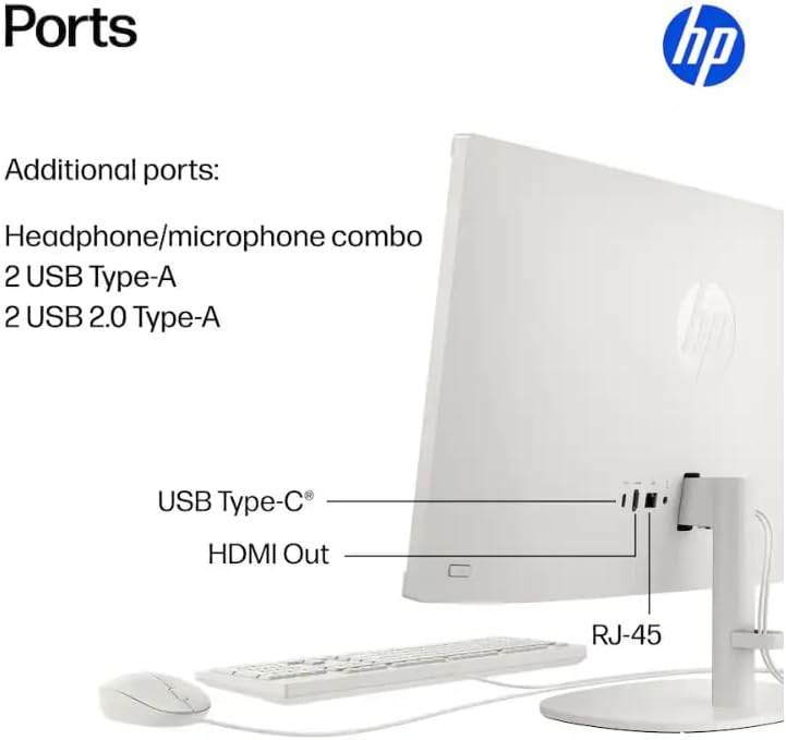 HP 22" FHD All-in-One Desktop Computer | 8GB DDR5 RAM, 128GB UFS Storage | Intel 4-Core CPU | WiFi 6, Bluetooth 5.3, RJ45, USB-C (10Gbps) | UHD Graphics | 720p Cam | AI Noise Removal | KB & Mouse