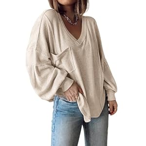 BTFBM Women’s Casual V Neck Ribbed Knit Shirts 2024 Fall Pullover Tunic Tops Loose Balloon Long Sleeve Blouses Top