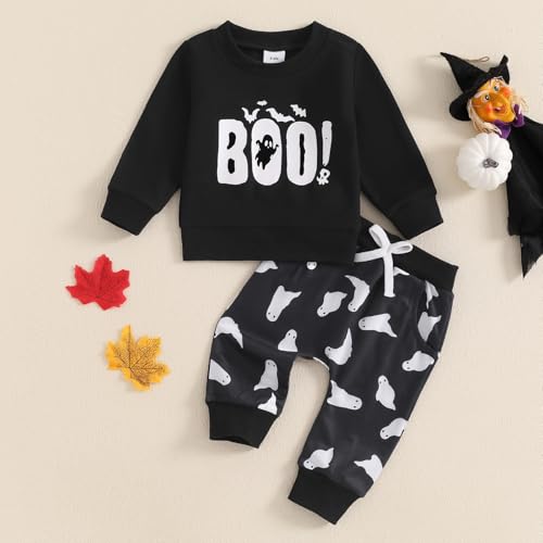 Newborn Baby Girl Halloween Pants Outfit Long Sleeve Pumpkin Ghost Sweatshirt Shirt Pants Set Holiday Clothes2