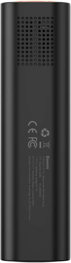 ተመለስ view of the Baseus inflator showing air vents and regulatory markings.