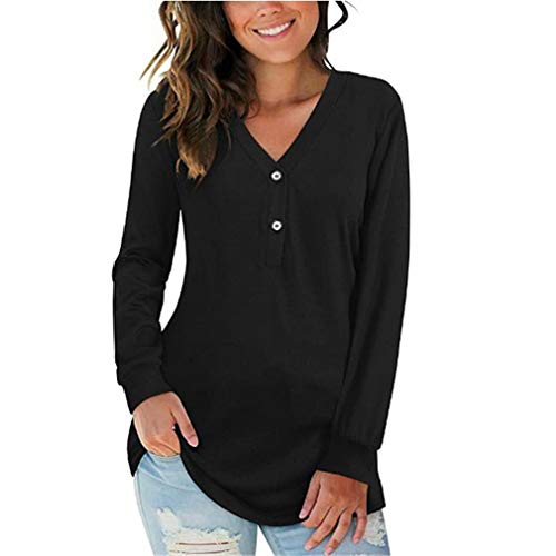 QIYUN.Z Camisas con Cuello en V para Mujer Manga Larga Estampado de Leopardo Botones básicos Camisetas para Mujer Negro XL Cover