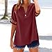 Women Cotton Linen T Shirts Short Sleeve V Neck Buttons Blouse Lace Crochet Shirts Casual Loose Fit Summer Tops Wine