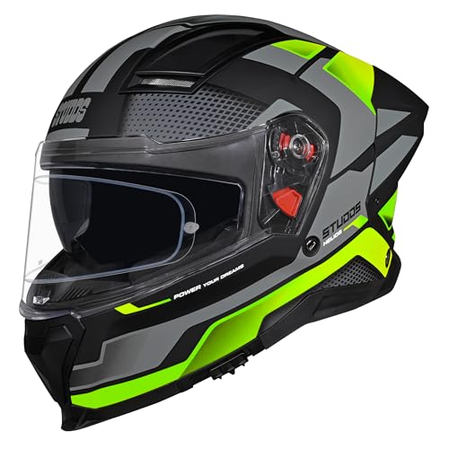 Image of STUDDS Helios Asphalt Full Face ISI and DOT Certified Helmet with Dual Visor MATT Black & Green - XL