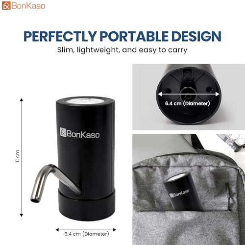 Image of BonKaso Automatic Electric Water Dispenser Pump for 20 Litre Bottle, Portable Water Pump Dispenser with 1200mAh C-Type Fast Charging Battery for Home, Office & Outdoor Use - Black