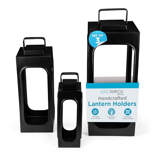 BIRDROCK HOME Decorative Metal Candle Lantern Holders - Indoor and Outdoor Use, Home Accents, Hanging or Sitting on Patio, Garden, or Home Decor - Set of 3, Black