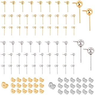 SUNNYCLUE 1 Box 60Pcs 6 Styles Ball Ear Studs Stainless Steel Earrings Post Round Ball Metal Stud Hypoallergenic with Loop Ear Nuts for Man Women Styling Dangle Findings, Golden Silver