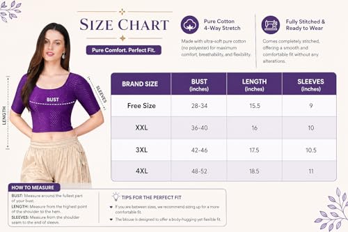 Image of Fressia Fabrics Pure Cotton 4-Way Stretch Readymade Blouse for Women | Free Size to 4XL Stretchable Round Neck Dobby Cotton Half Sleeve Readymade Saree Blouse for Women Stylish