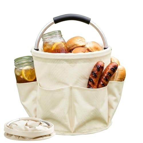 Foldable Picnic Basket with Handle, 28x28cm Portable Multi-Purpose Storage Basket, Collapsible Outdoor Travel Organizer for Picnic, Beach, Camping, Garden, Car, Home Bathroom Cleaning Supplies (Beige)