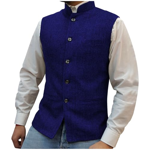 Mens Herringbone Wool Vests Suit Tweed High Collar Waistcoat Single Breasted Slim Fit Retro Vest for Business Casual