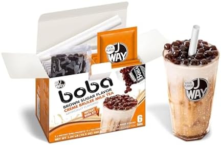 J WAY Instant Boba Bubble Pearl Milk Tea Kit with Authentic Crème Brulee Tapioca Boba, Ready in Under One Minute, Paper Straws Included - 6 Servings
