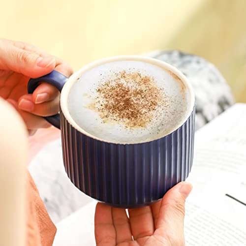 Hasense Coffee Mug Ceramic Set Of 4 With Stand - 15 Oz Stackable Large Porcelain Ribbed Latte Cup Sets For Cappuccino, Tea, Espresso, Hot Cocoa, Drinks - Dishwasher & Microwave Safe, Blue #TOP6