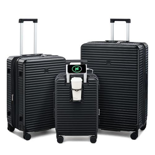 Hard Shell Suitcases Expandable Travel Luggage Sets 3 Piece, Carry on and Check in 3 Piece Luggage Suitcase Sets with Spinner Wheels Cup Holder Charger Built in (Black, 20/24/28)