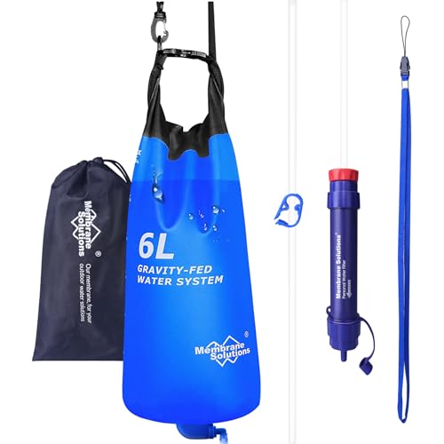 Membrane Solutions Gravity Water Filter Pro 6L, NSF/ANSI 42&372&401 Certified, 0.1 μm Versatile Water Purifier Camping with Adjustable Tree Strap Storage Bag, Survival Gear for Emergency Preparedness