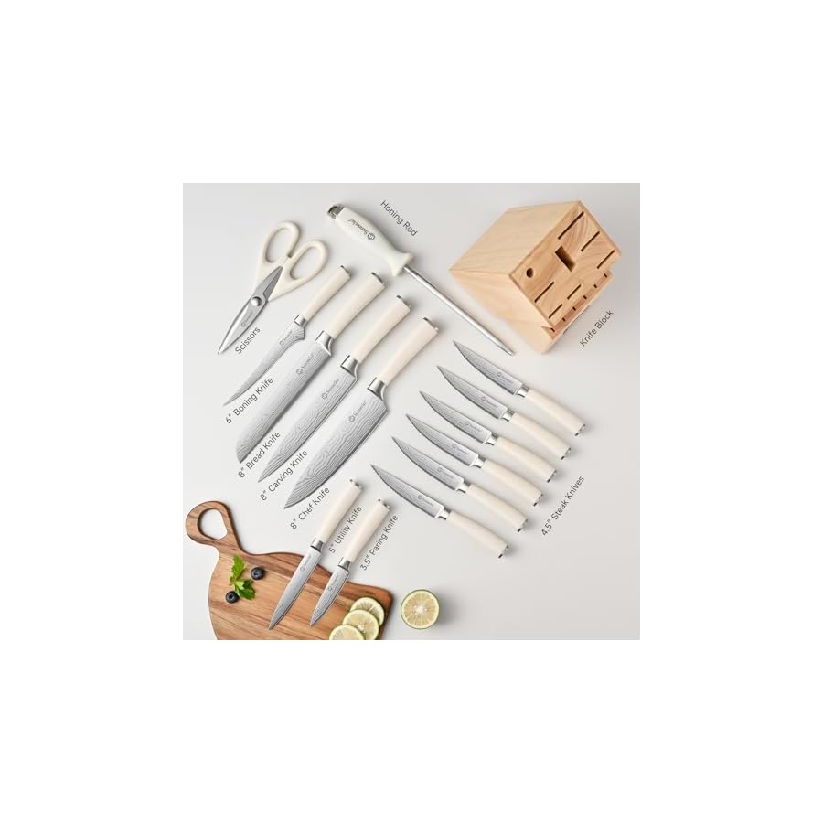 Sunnecko Knife Set with Block and Sharpener, 15 Piece Kitchen Knife Block Set Sharp Kitchen Knives High Carbon Stainless Steel with White Handles