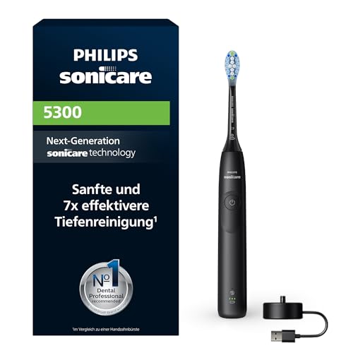 Philips Sonicare 5300 elektrische Zahnbürste, Schallzahnbürste mit 2 Intensitätsstufen, Andruckkontrolle, EasyStart, Smartimer und BrushPacer, Schwarz, Modell HX7101/01 [Neue Technologie]