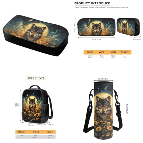 Wolf Sunflower Girls Backpack 4PCS Large Capacity Bookbags Set for Kids Elementary Middle, Travel Bag for Childs with Lunch Box Pencil Case Water Bottle Sleeve 17 Inch for Teens4