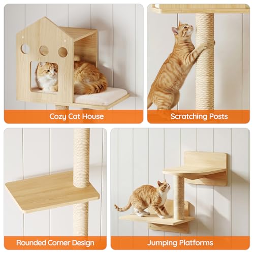 HOOBRO Cat Wall Shelves, Set of 2 Cat Wall Furniture, Wood Wall Mounted Cat Shelves with House, Steps, Scratching Posts and Perch, Space-Saving Shelves for Indoor Cats, Natural NL47CS03 by HOOBRO - Image 2