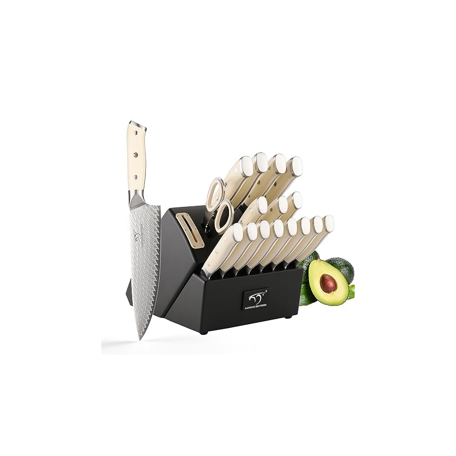 NANFANG BROTHERS Knife Sets 19 Pieces for Kitchen with Block, Damascus Kitchen Knife Set with Block, ABS Ergonomic Handle for Chef Knife Set and Kitchen Shear(Black)