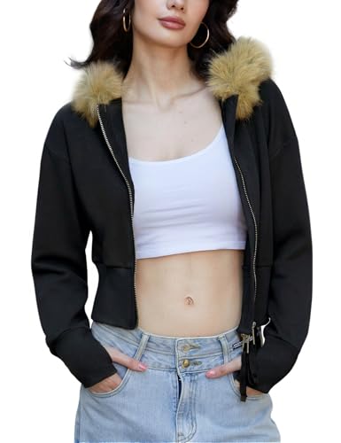 Wyeysyt Womens Cropped Hoodie Faux Fur Trim Jacket Zip Up Long Sleeve Casual Hooded Sweatshirt(Black-M)
