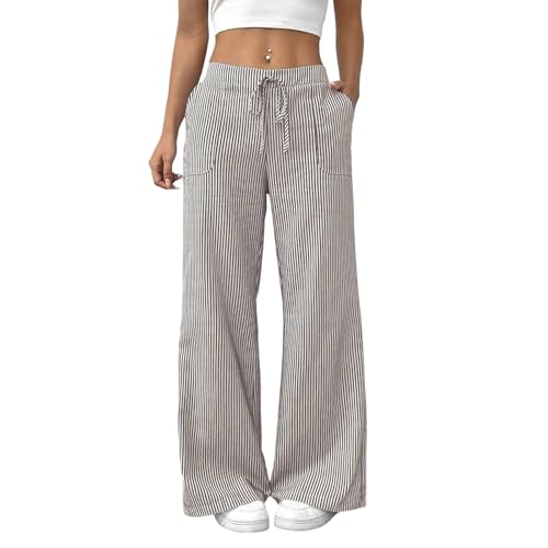 Hfnxid Cotton Pants for Women Wide Leg Striped Palazzo Trousers High Waisted Lounge Casual Summer Flowy Elastic Waist Travel Bottoms Brown