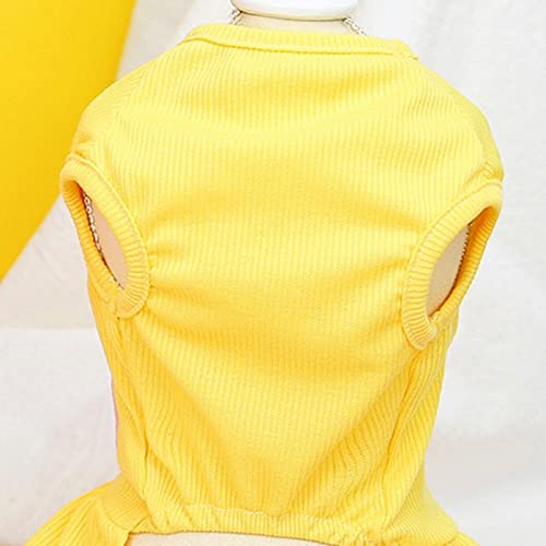 Spring Summer Pet Dress With Traction Ring, Lovely Cartoon Puppy Pattern Sleeveless Dog Clothes For Small Medium Girl Dogs Yellow M #TOP3
