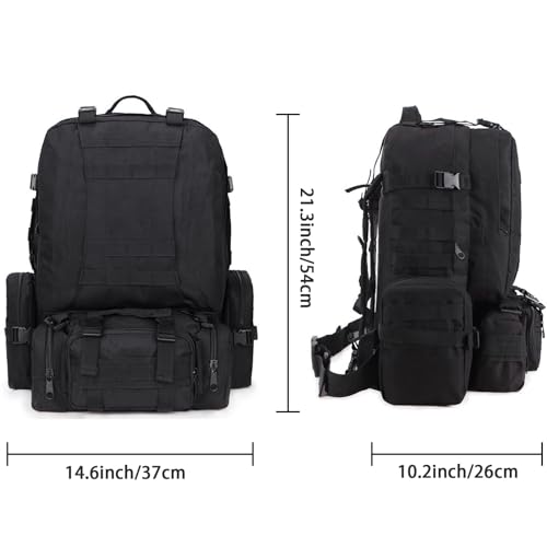 Lizbin Large Tactical Backpack for Men, 55L Military Rucksack, Heavy Duty Black Army Backpack with Detachable Molle Bag - Image 2