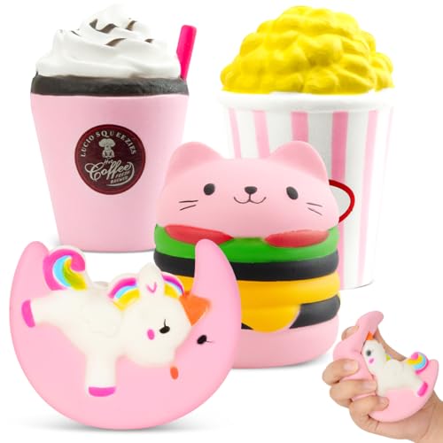 4 Pcs Jouets Squishy, Lovely Kawaii Licorne Rose Soft Sensory Toys Soulagement du Stress Anxiété Autisme Squishies Jouets pour Filles Enfants Et Adultes, Cadeaux d'anniversaire De Noël