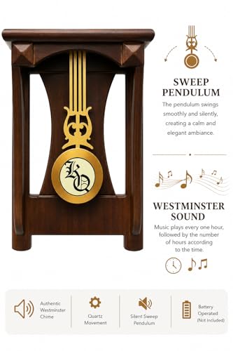 Image of Premium Wooden Pendulum Wall Clock with Musical Chime Sound, Roman Figure Golden Dial, Silent Sweep Quartz Movement, Classic Brown Finish, Battery Operated Decorative Wall Clock (22 x 11 x 3.5 Inch)
