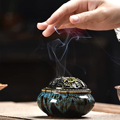 Incense Burner With Calabash Incense Stick Holder - Porcelain Charcoal Censer For Use With Resin Granular Powder Cone Or Coil Incense (Blue-Upgrade) #TOP2
