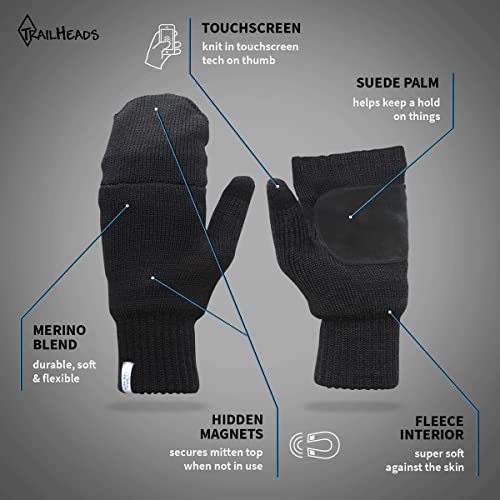 Trailheads Women’s Fingerless Gloves | Merino Knit Convertible Mittens - Black (Medium/Large) #TOP1