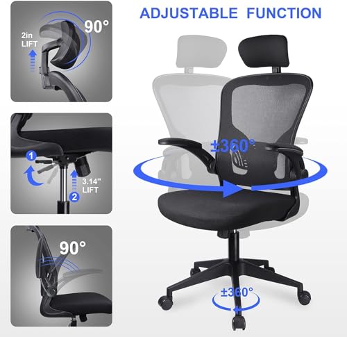 JAJALUYA Office Chair Mesh Computer Chair with Adjustable Headrest and Lumbar Support Desk Chair Ergonomic Office Chair with Flip-up Armrest for Home Office Study (Black) - Image 4