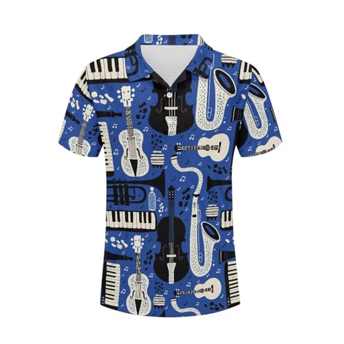 Warmkitty Blue Musical Instrument Print Golf Shirts for Men Cute Design Hawaiian Polo Short Sleeve
