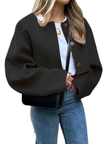 Image of CHARTOU Women Cropped Wool Blend Pea Coat Short Jacket Peacoat Long Sleeve Button Down Crop Jacket (Small,Black)