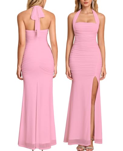 JKMNAO Women Halter Tie High Slit Wedding Guest Dress Pink