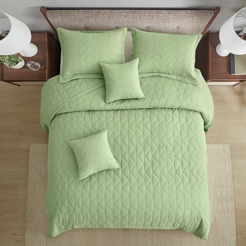 Image of Oversized King Bedspread, Geometric Diamond Stitched Quilt Set King /Cal King, Lightweight Reversible Coverlet, Straight Edge - Natural Modern Look, 5 Piece, Sage Green
