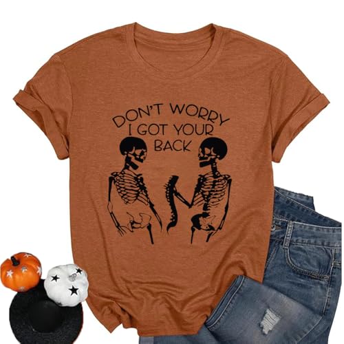 Halloween Tshirts Women Cute Fun Skeleton Shirts Holiday Casual Short Sleeve Outfit Crewneck Vintage Skull Tops Clothing,Orange Large