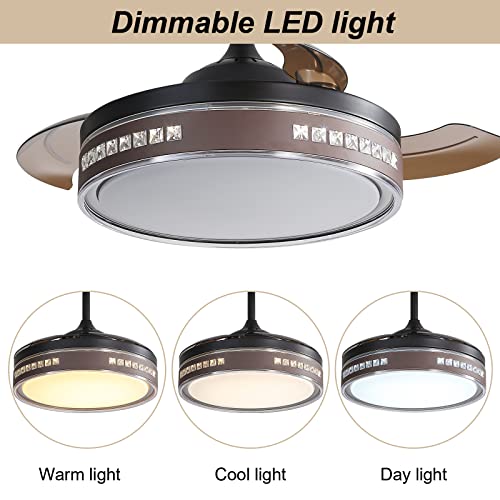 Image of 42 Inch Modern Retractable Ceiling Fan with Lights Remote Control, Smart Ceiling Fan Bladeless for Bedroom, 3 Invisible Blades Chandelier Ceiling Fans with 5 inch /10 inch Downrod and 1 /2 /4 Timer