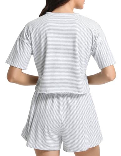 Image of Split Short Pajama Set Soft Women's Striped Pajama Sleeve Tee & Elastic Waist Shorts Lounge Sleepwear Gray