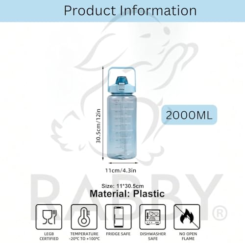 Image of RABBY 2L Motivational Water Bottle for Kids & School Use | Time Marker, BPA-Free, Leakproof Straw Lid, Carry Strap | Plastic Water Bottle for Travel, Sports, Gym, Office (Sky Blue 1Pcs)