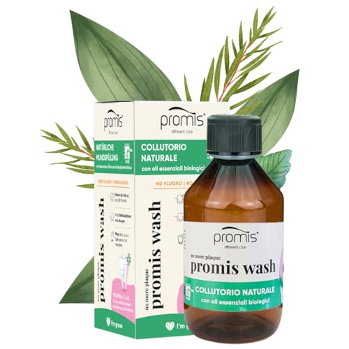 promis wash enjuague bucal natural sin alcohol y sin flúor con vitaminas A, C y E | Para encías sensibles | Vegano | Etiqueta ecológica AIAB | Aceites esenciales ecológicos | Envase reciclable