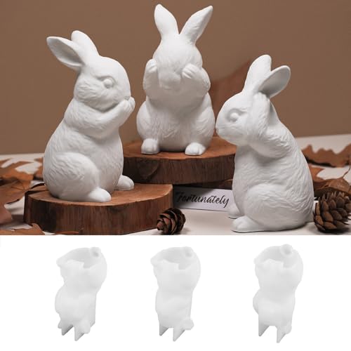Xidmold 3Pcs Bunny Candle Moulds Hear See Speak No Evil Rabbit Resin Moulds 3D Bunny Silicone Mold for Soy Wax Candle, Soap, Plaster, Easter Crafts