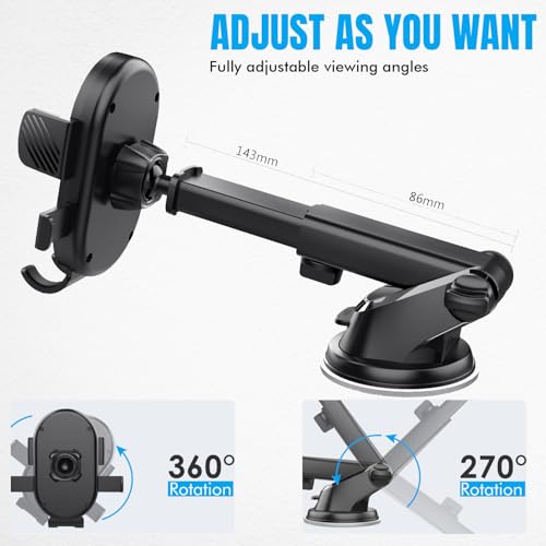 Image of One7 Car Phone Holder with Suction Cup | Adjustable Dashboard & Windshield Holder | One-Hand Operation Gravity Trigger | 360 Rotation + Extendable Arm | Fits Most Smartphones