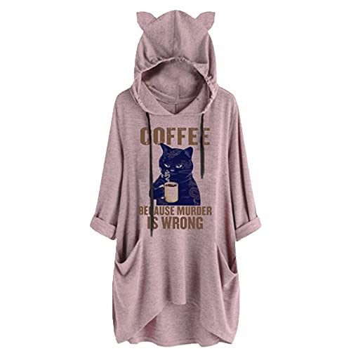 T-shirt long pour femme ample ample pour femme - Chapeau mi-long - Manches moyennes - Oreille mignonne avec capuche - Chemisier imprimé pour femme - Cardigan d'été pour femme, rouge, M Cover
