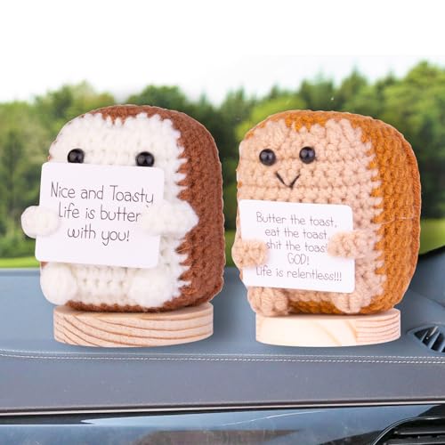 Image of Handmade Emotional Support Toast, Positive Toast Crochet Doll Inspirational Gifts Creative Knitted Holding Card Birthday Christmas Girls Gift Party Decor with Stand(Brown)