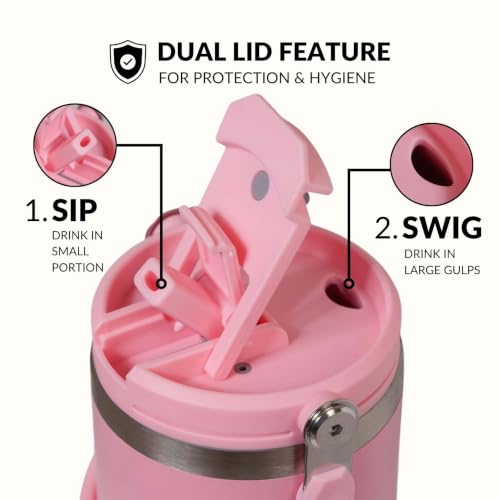 Image of Nestasia PickSip40 Tumbler with Straw & Top Handle 1.2L | Two Sided Lid with Sip & Gulp - Leakproof & Dustproof | Insulated Stainless Steel Sipper Water Bottle for Adults (Tropical Pink)