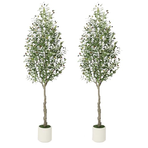 Artificial Olive Tree 7FT Tall Faux Olive Tree Indoor Fake Silk Plant with Realistic Trunk, Leaves, Fruits and White Planter, Faux Potted Tree for Home Decor and Housewarming Gift, 2 Pack