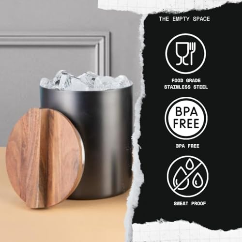 Image of The Empty Space Double Wall Insulated Stainless Steel Ice Bucket in Nickle Finish with Acai Wood Lid.[2.8L] Cocktail Bar, Wine Bottle, Home Accessories, Parties & Champagne Bucket